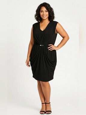 0X Addition Elle Black Draped Midi Dress with Waist Accent Plus Size